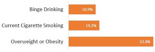 Binge Drinking 16.9%, Current Cigarette Smoking 19.2%, Overweight or Obesity 52.8%
