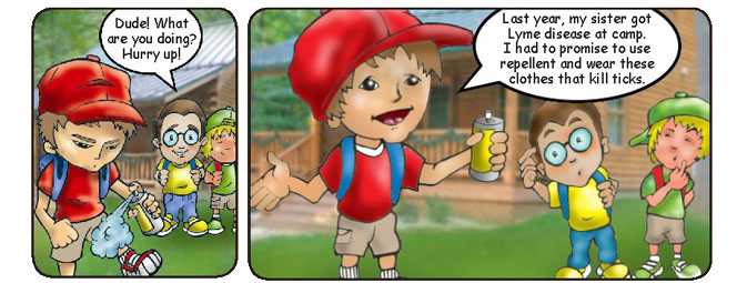 Comic with a boy spraying himself with bug repellent