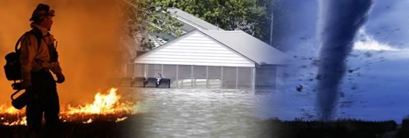 Banner of pictures: a fireman responding to a fire emergency, flood waters emerging on a home, and a tornado touching down.