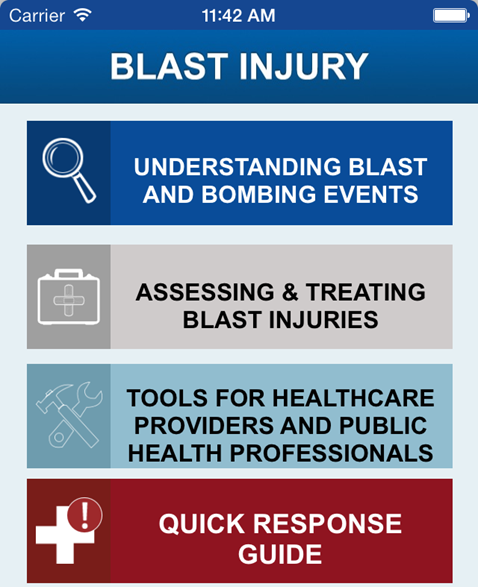 Screenshot of the Blast Injury Mobile App interface