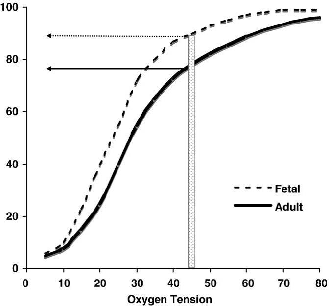 Figure 5. Representation of the different characteristics of oxygen binding in fetal vs. adult hemoglobin. The structural differences between fetal hemoglobin (HbF) and normal adult hemoglobin (HbA) result in HbFâ€™s leftward shift from the HbA dissociation curve. HbF has a higher affinity to bind oxygen at lower partial pressures. The transition from predominately HbF to predominately HbA varies by developmental stage. For example, at a PaO2 of 45 mmHg, an infant with more HbF than HbA may not show clinical cyanosis (typically seen at about 80% oxygen saturation) as would an adult or infant with higher amounts of HbA.