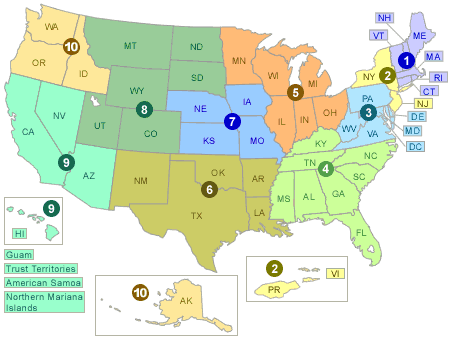 Mapa de los EE.UU, dividido en regiones de la EPA