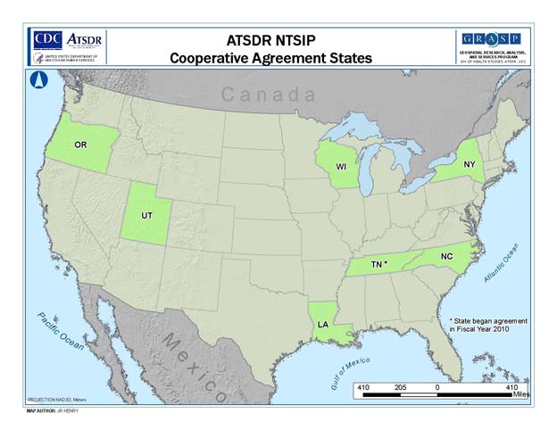 	USA map showing ATSDR NTSIP Cooperative Agreement States