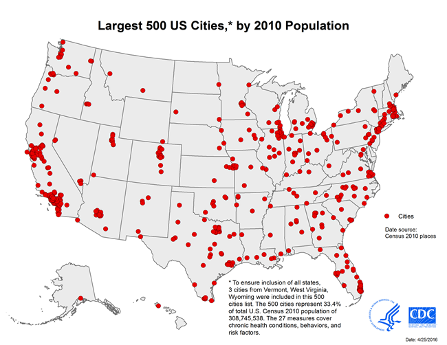 Largest 500 U.S. Cities, by 2010 Population. Click PDF link above for list of cities.