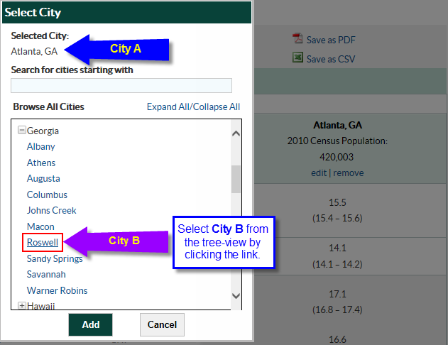 Select City screen shot displaying City A and City B