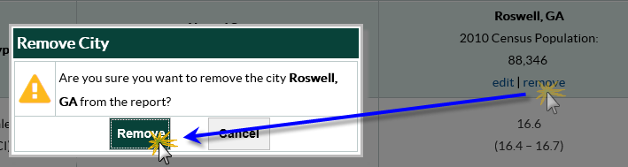 Remove City screen with Remove button highlighted