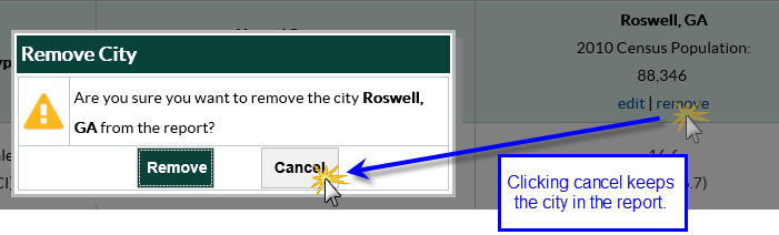 Remove City screen with Cancel button highlighted