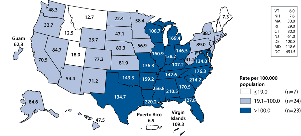 Figure 16. Gonorrhea—Rates by state: United States and outlying areas, 2008