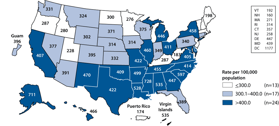 Figure 3. Chlamydia—Rates by state: United States and outlying areas, 2008