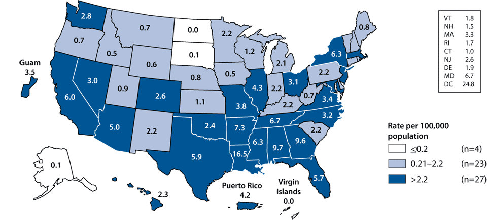 Figure 33. Primary and secondary syphilis—Rates by state: United States and outlying areas, 2008