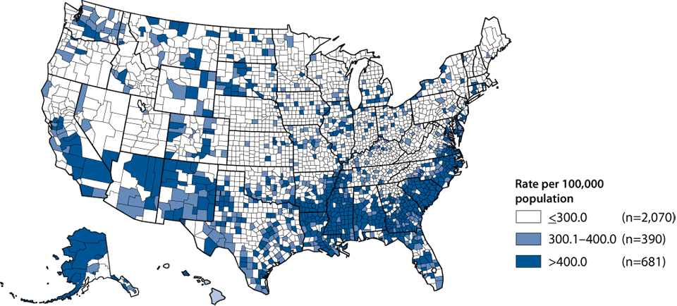 Figure 4. Chlamydia—Rates by county: United States, 2008