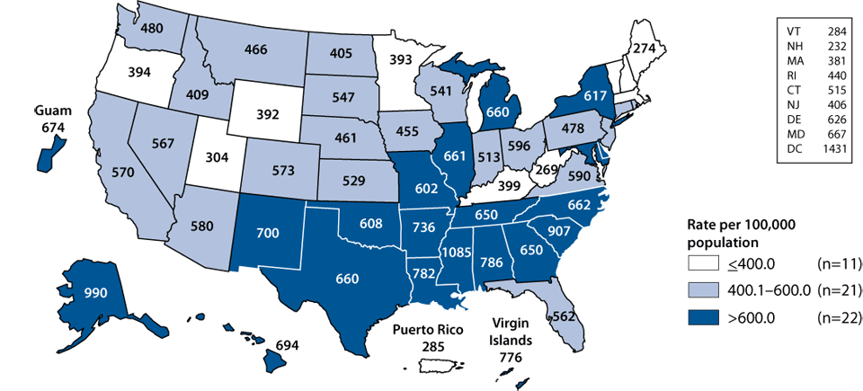 Figure A. Chlamydia—Rates among women by state: United States and outlying areas, 2008