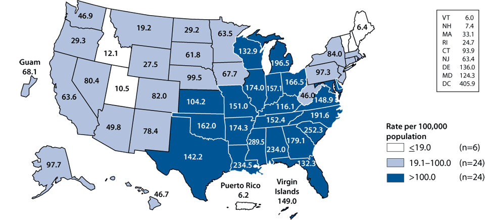 Figure C. Gonorrhea—Rates among women by state: United States and outlying areas, 2008