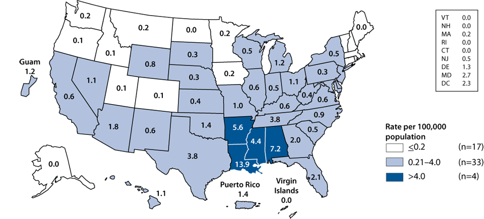 Figure E. Primary and secondary syphilis—Rates among women by state: United States and outlying areas, 2008