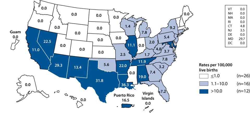 Figure F. Congenital syphilis—Rates for infants <1 year of age by state: United States and outlying areas, 2008