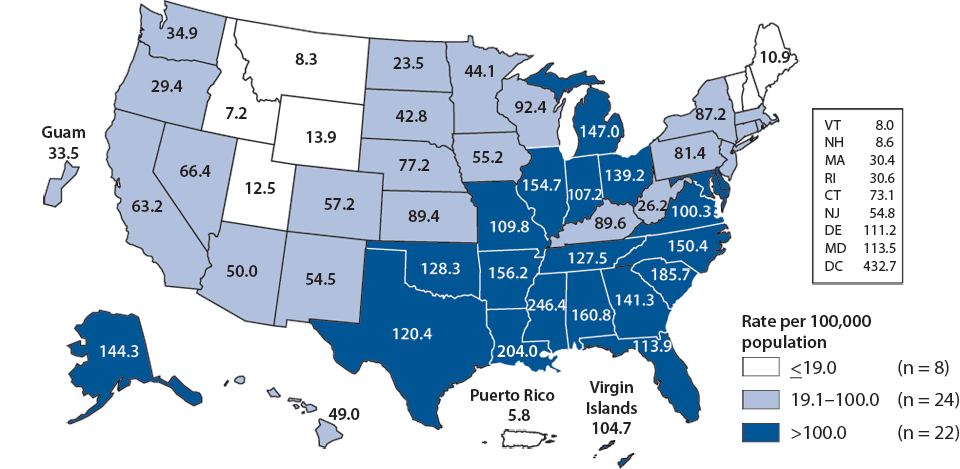 Figure 17. Gonorrhea—Rates by State, United States and Outlying Areas, 2009