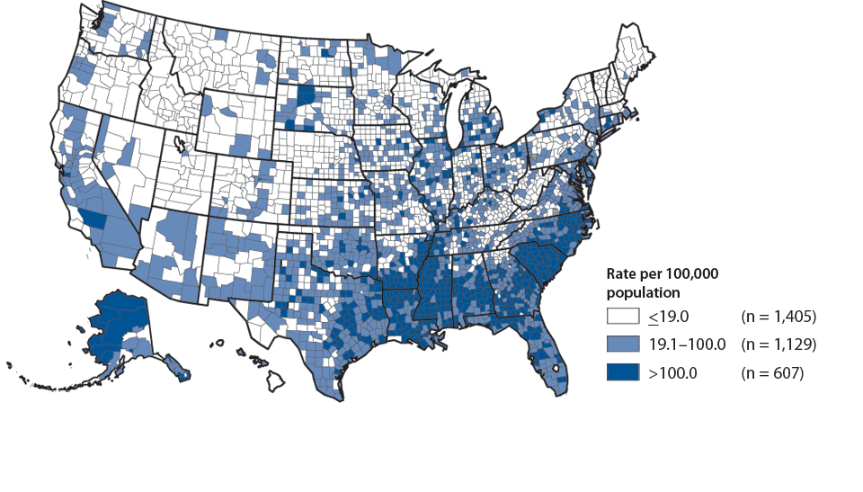 Figure 18. Gonorrhea—Rates by County, United States, 2009