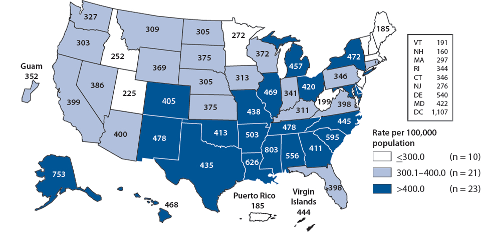 Chlamydia—Rates by State, United States and Outlying Areas, 2009