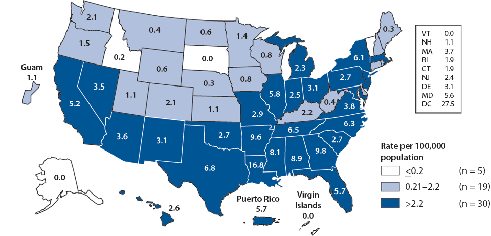 Figure 36. Primary and Secondary Syphilis—Rates by State, United States and Outlying Areas, 2009