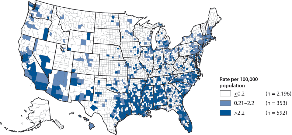 Figure 37. Primary and Secondary Syphilis—Rates by County, United States, 2009