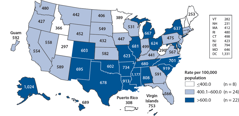 Figure A. Chlamydia—Women—Rates by State, United States and Outlying Areas, 2009