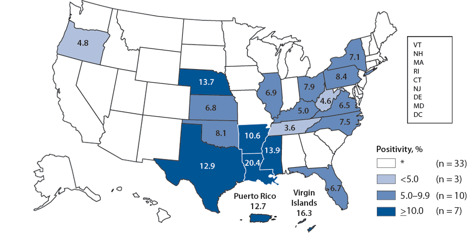 Figure B. Chlamydia—Positivity Among Women Aged 15–24 Years Tested in Prenatal Clinics, by State, Infertility Prevention Project, United States and Outlying Areas, 2009