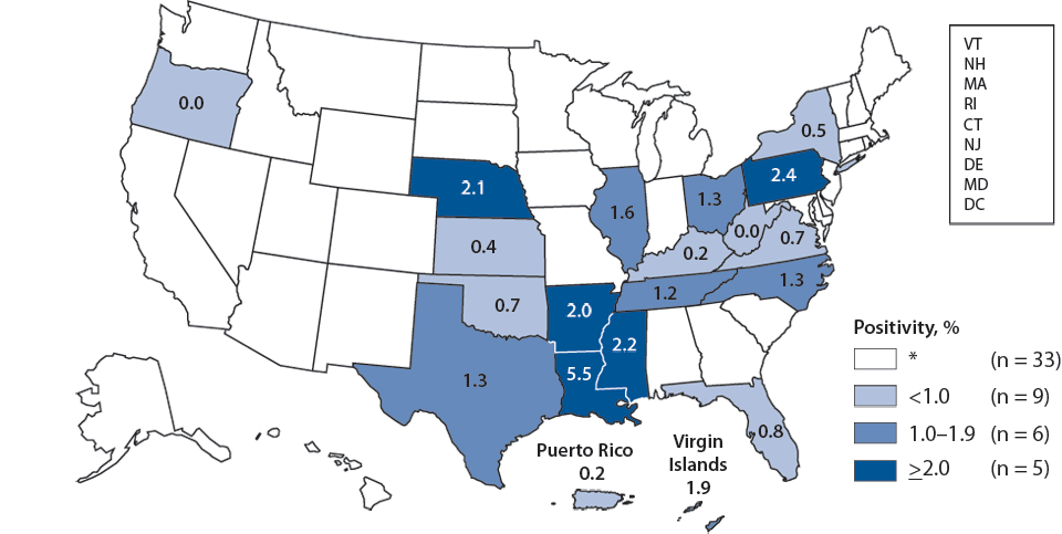 Figure D. Gonorrhea—Positivity Among Women Aged 15–24 Years Tested in Prenatal Clinics, by State, Infertility Prevention Project, United States and Outlying Areas, 2009