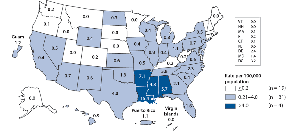 Figure E. Primary and Secondary Syphilis—Women—Rates by State, United States and Outlying Areas, 2009