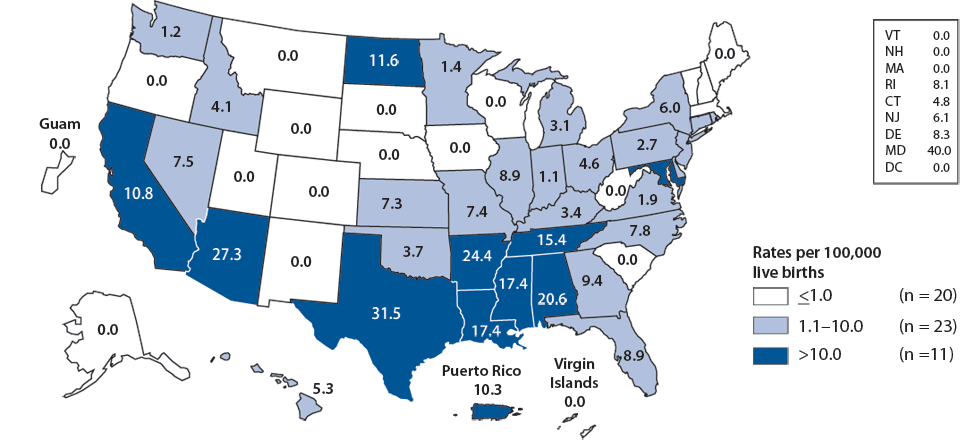 Figure F. Congenital Syphilis—Infants—Rates by Year of Birth and State, United States and Outlying Areas, 2009