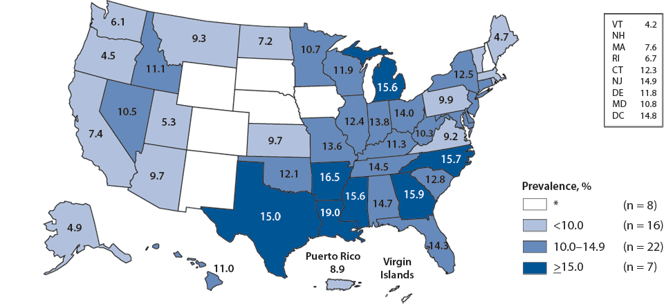 Figure K. Chlamydia—Prevalence Among Women Aged 16–24 Years Entering the National Job Training Program, by State of Residence, United States and Outlying Areas, 2009