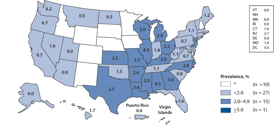 Figure M. Gonorrhea—Prevalence Among Women Aged 16–24 Years Entering the National Job Training Program, by State of Residence, United States and Outlying Areas, 2009