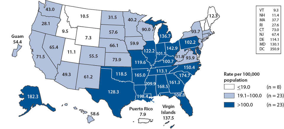 Figure 17. Gonorrhea—Rates by State, United States and Outlying Areas, 2010
