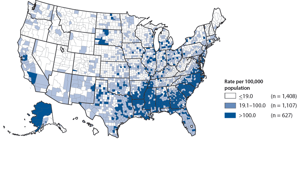 Figure 18. Gonorrhea—Rates by County, United States, 2010
