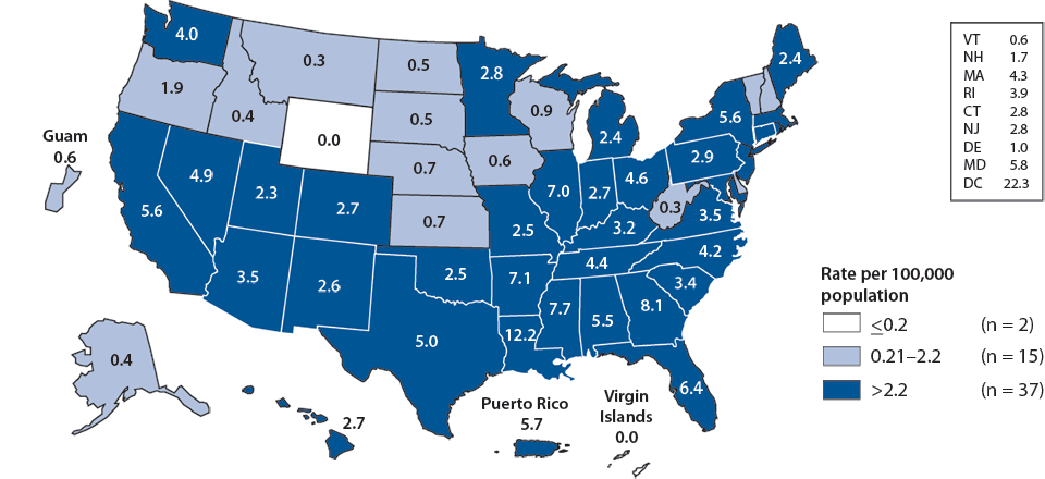 Figure 37. Primary and Secondary Syphilis—Rates by State, United States and Outlying Areas, 2010