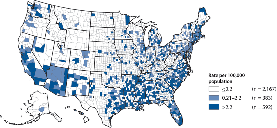 Figure 38. Primary and Secondary Syphilis—Rates by County, United States, 2010
