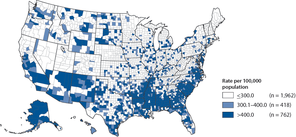 Figure 4. Chlamydia—Rates by County, United States, 2010