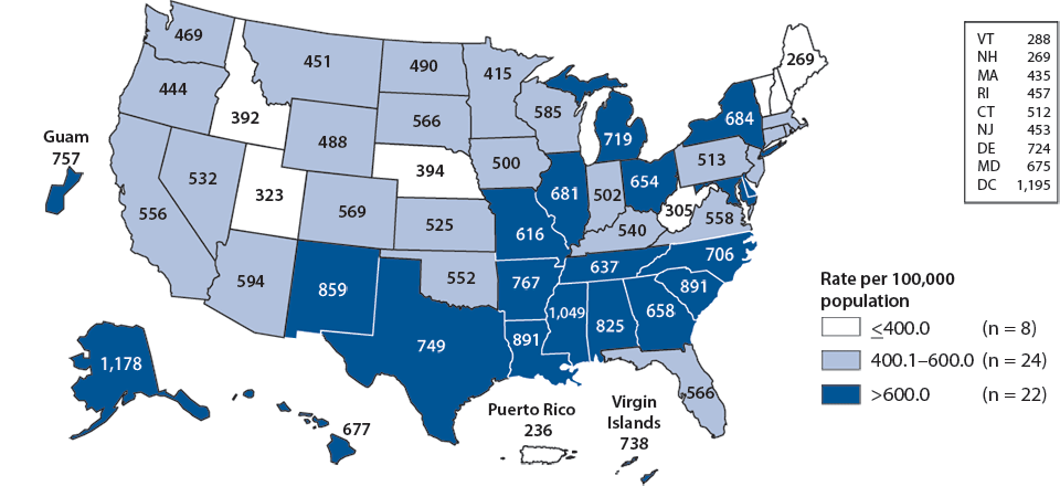 Figure A. Chlamydia—Women—Rates by State, United States and Outlying Areas, 2010