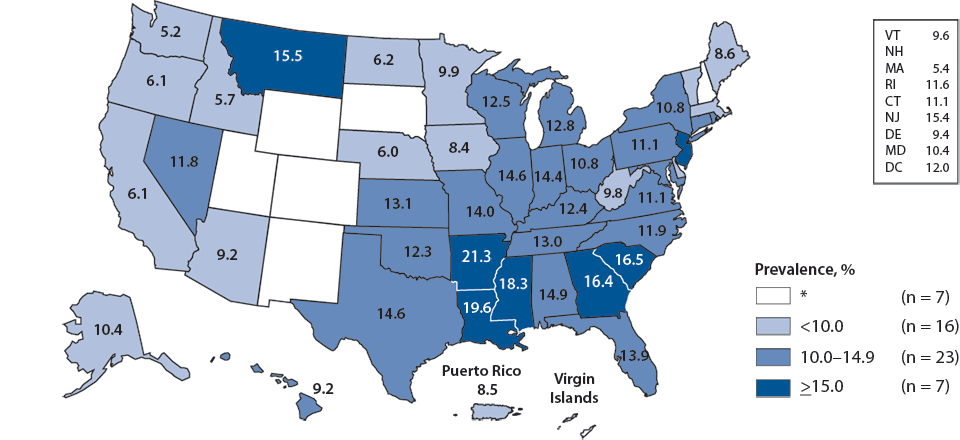 Figue K. Chlamydia—Prevalence Among Women Aged 16–24 Years Entering the National Job Training Program, by State of Residence, United States and Outlying Areas, 2010