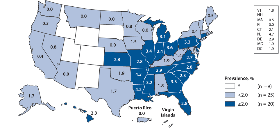 Figure M. Gonorrhea—Prevalence Among Women Aged 16–24 Years Entering the National Job Training Program, by State of Residence, United States and Outlying Areas, 2010