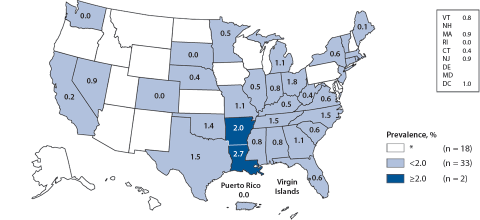 Figure N. Gonorrhea—Prevalence Among Men Aged 16–24 Years Entering the National Job Training Program, by State of Residence, United States and Outlying Areas, 2010