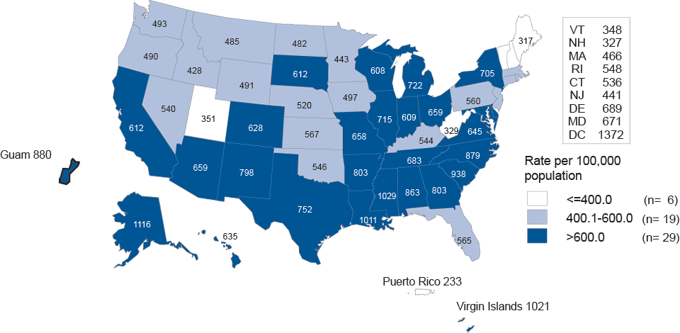 Figure A. Chlamydia—Women—Rates by State, United States and Outlying Areas, 2011