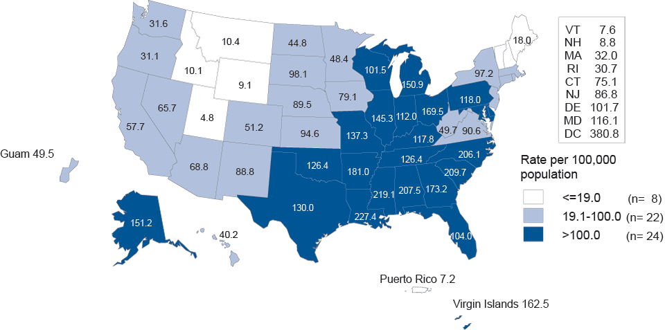 Figure C. Gonorrhea—Women—Rates by state, United States and Outlying Areas, 2011
