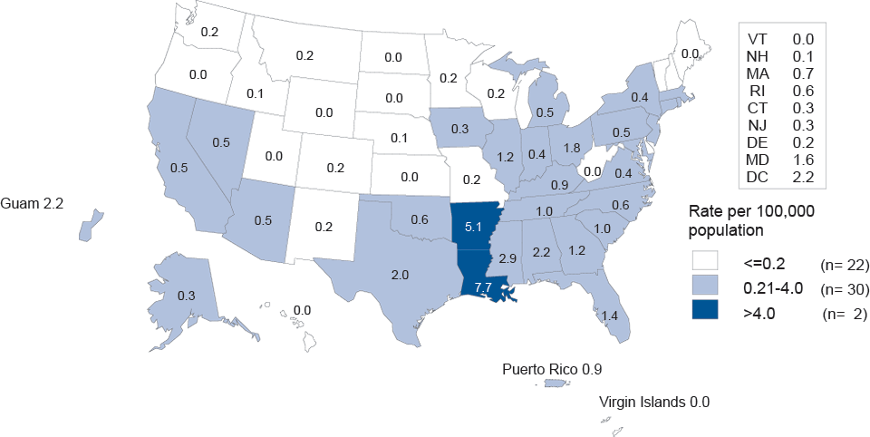 Figure E. Primary and Secondary Syphilis—Women—Rates by State, United States and Outlying Areas, 2011