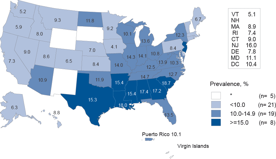 Figure K. Chlamydia—Prevalence Among Women Aged 16–24 Years Entering the National Job Training Program, by State of Residence, United States and Outlying Areas, 2011