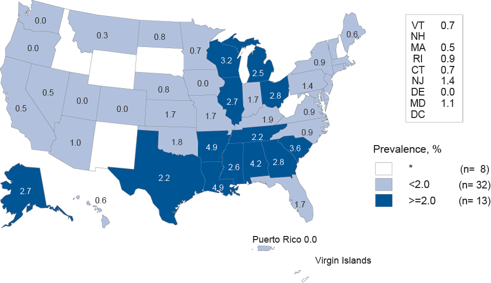 Figure M. Gonorrhea—Prevalence Among Women Aged 16–24 Years Entering the National Job Training Program, by State of Residence, United States and Outlying Areas, 2011
