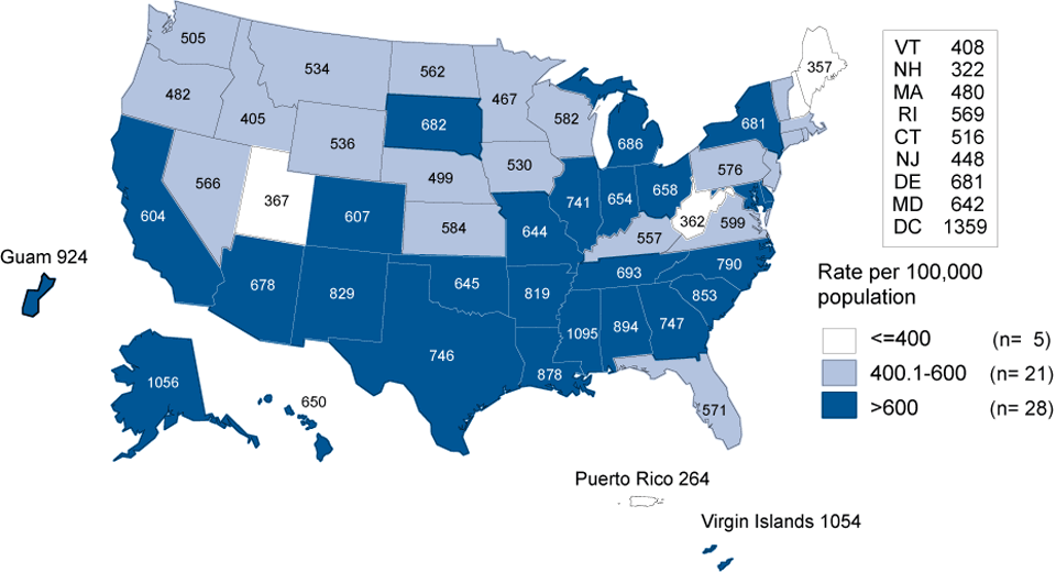Figure A Chlamydia — Women — Rates by State, United States and Outlying Areas, 2012