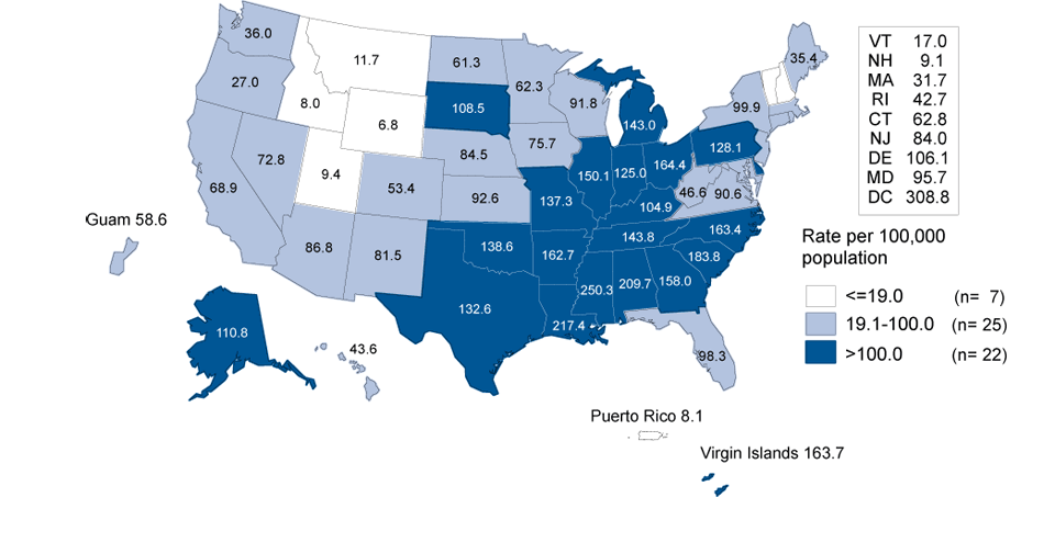 Figure B Gonorrhea — Women — Rates by State, United States and Outlying Areas, 2012