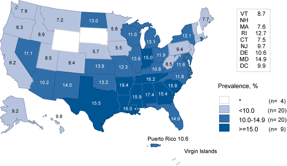 Figure H Chlamydia—Prevalence Among Women Aged 16 – 24 Years Entering the National Job Training Program, by State of Residence, United States and Outlying Areas, 2012