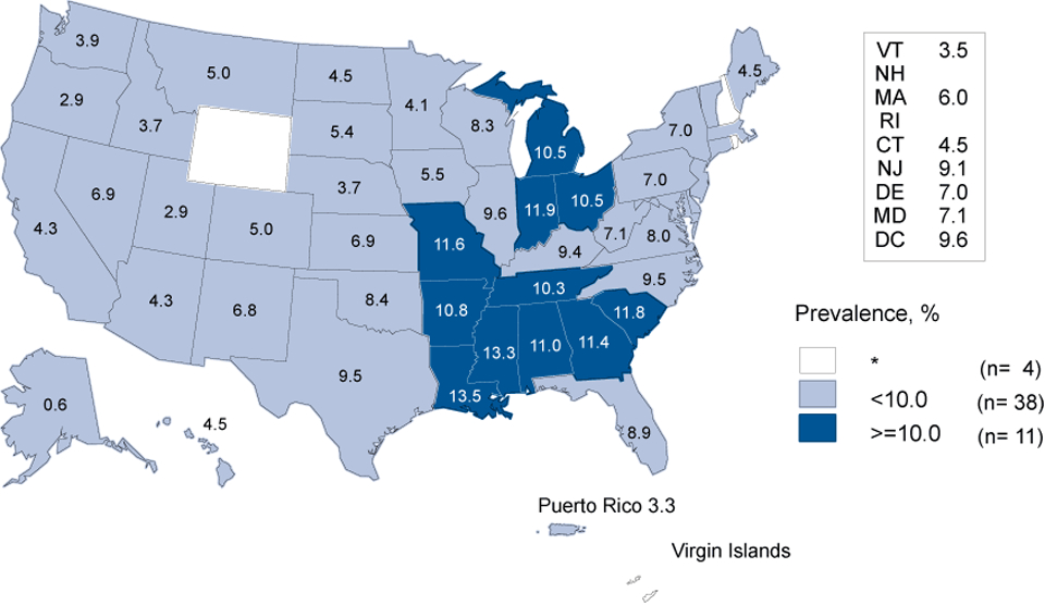 Figure I Chlamydia — Prevalence Among Men Aged 16 – 24 Years Entering the National Job Training Program, by State of Residence, United States and Outlying Areas, 2012
