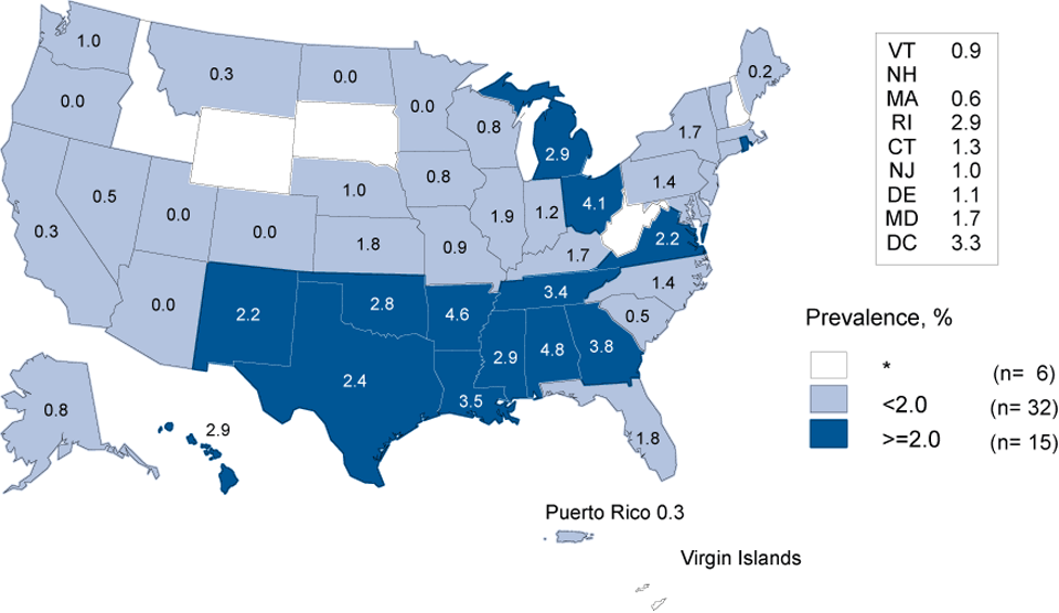 Figure J Gonorrhea — Prevalence Among Women Aged 16 – 24 Years Entering the National Job Training Program, by State of Residence, United States and Outlying Areas, 2012